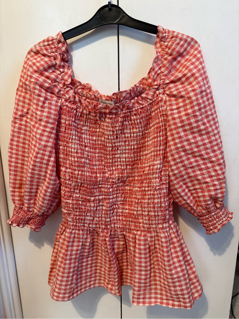 Max Studio Red and White Gingham Smocked Peplum Top
